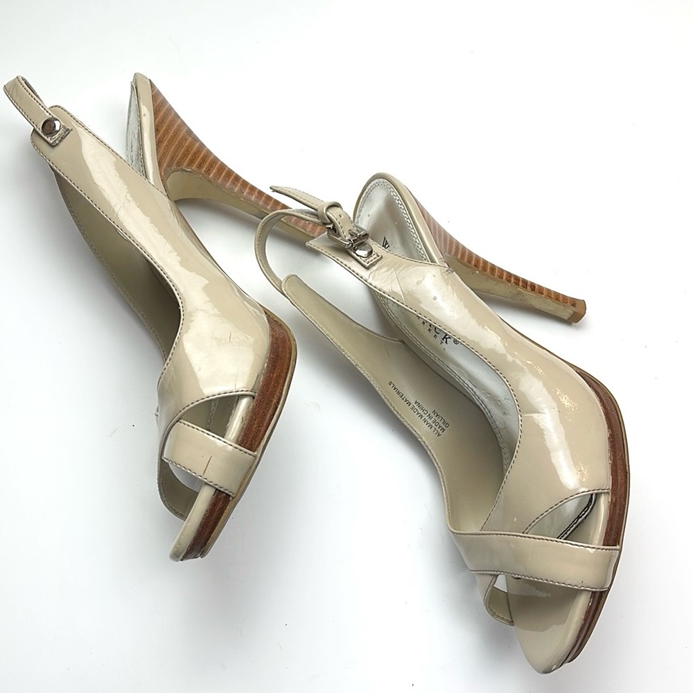 WHBM TAN OPEN TOE SLING BACK HEELS - Picture 5 of 10